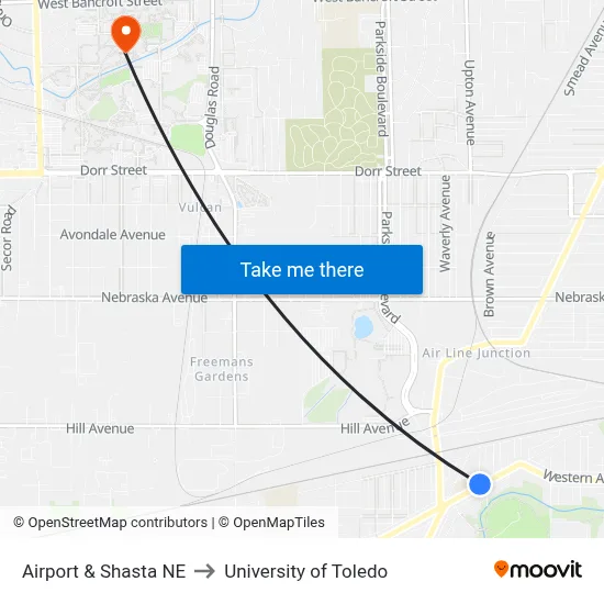 Airport & Shasta NE to University of Toledo map
