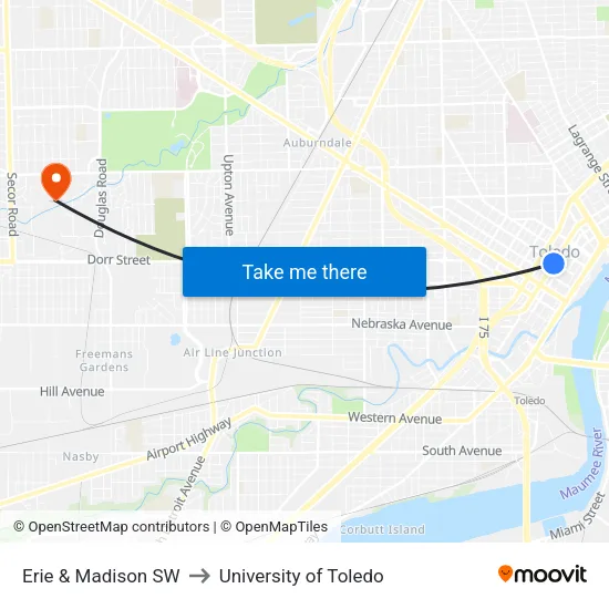 Erie & Madison SW to University of Toledo map