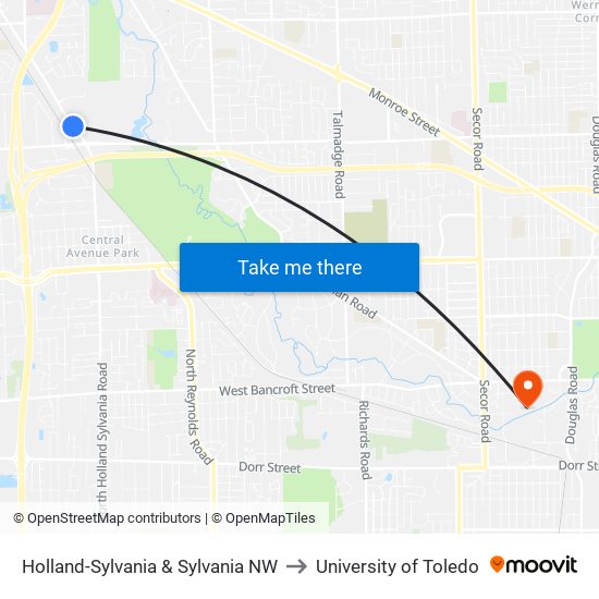 Holland-Sylvania & Sylvania NW to University of Toledo map