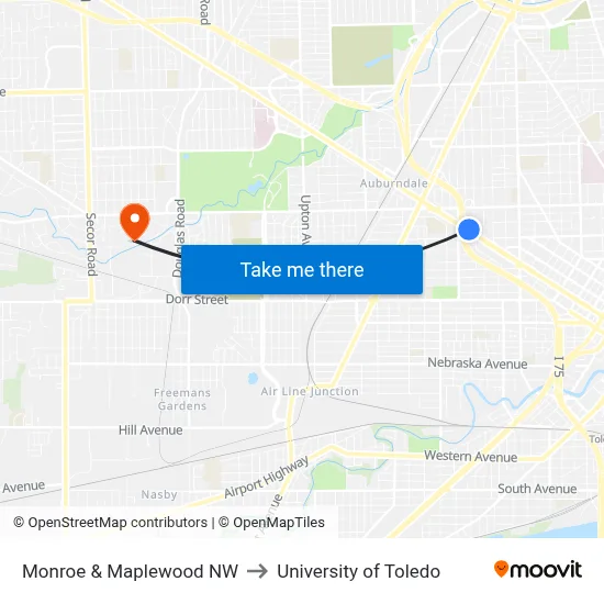 Monroe & Maplewood NW to University of Toledo map