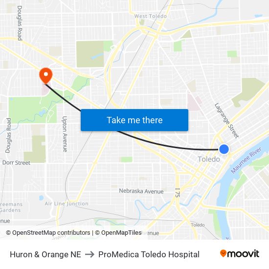 Huron & Orange NE to ProMedica Toledo Hospital map