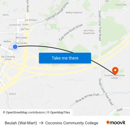 Beulah (Wal-Mart) to Coconino Community College map