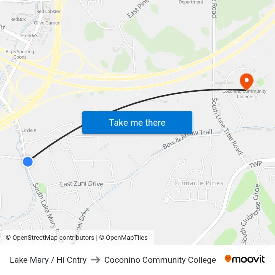 Lake Mary / Hi Cntry to Coconino Community College map