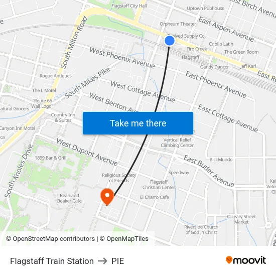 Flagstaff Train Station to PIE map