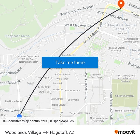 Woodlands Village to Flagstaff, AZ map