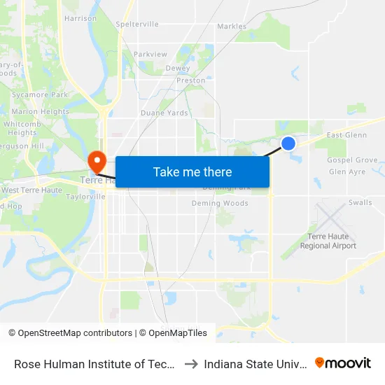Rose Hulman Institute of Technology to Indiana State University map