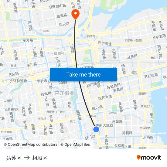 姑苏区 to 相城区 map