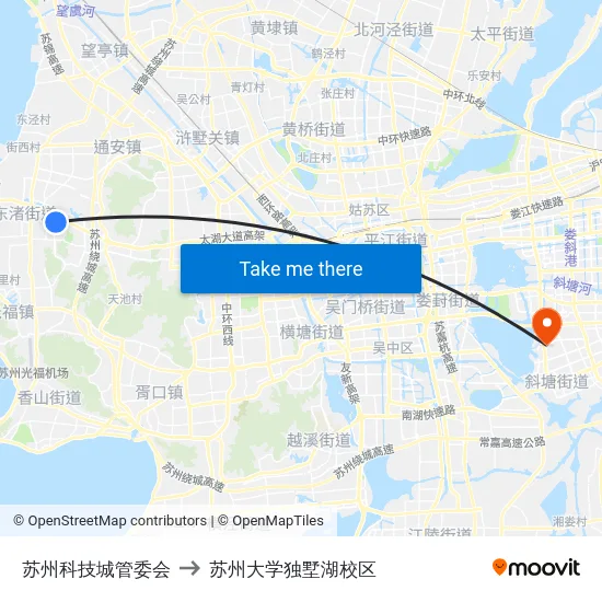 苏州科技城管委会 to 苏州大学独墅湖校区 map