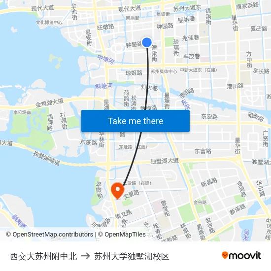 西交大苏州附中北 to 苏州大学独墅湖校区 map