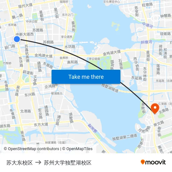 苏大东校区 to 苏州大学独墅湖校区 map