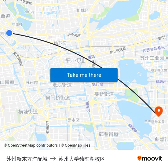 苏州新东方汽配城 to 苏州大学独墅湖校区 map