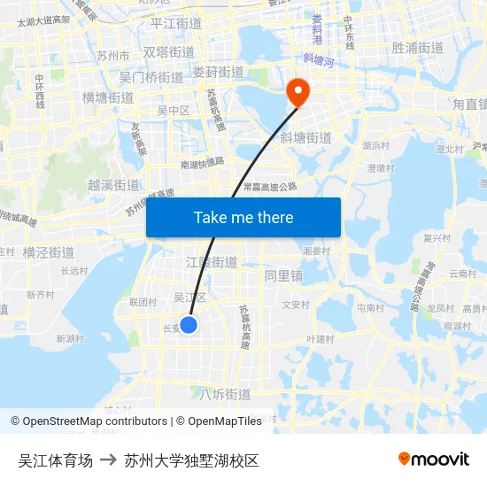 吴江体育场 to 苏州大学独墅湖校区 map