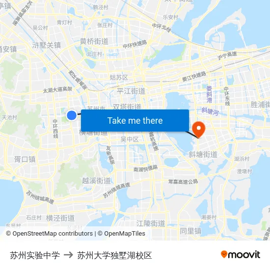 苏州实验中学 to 苏州大学独墅湖校区 map