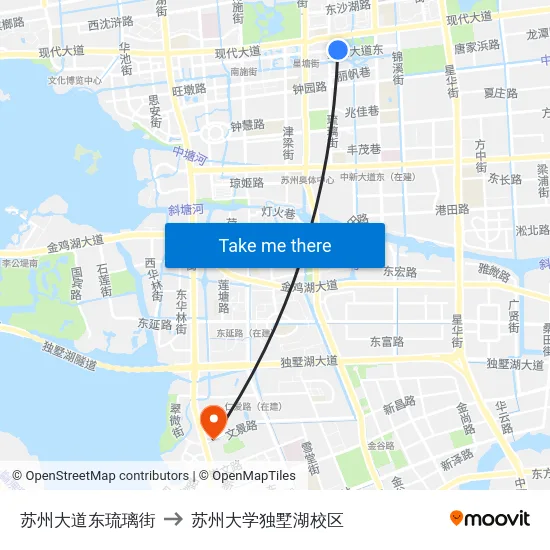 苏州大道东琉璃街 to 苏州大学独墅湖校区 map