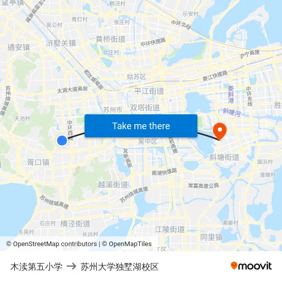 木渎第五小学 to 苏州大学独墅湖校区 map