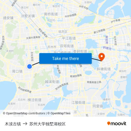 木渎古镇 to 苏州大学独墅湖校区 map