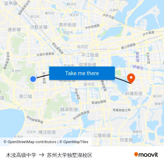 木渎高级中学 to 苏州大学独墅湖校区 map