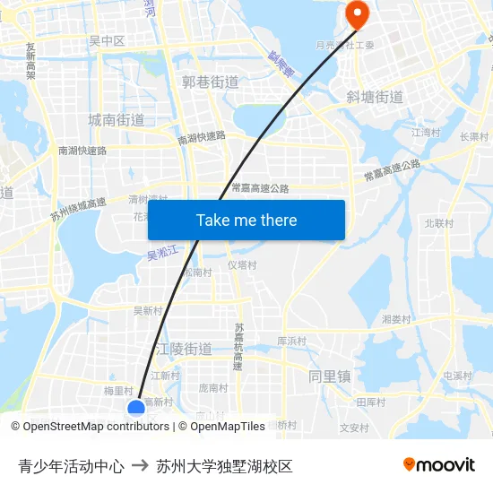 青少年活动中心 to 苏州大学独墅湖校区 map