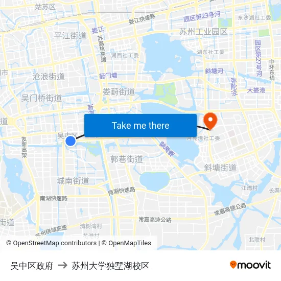 吴中区政府 to 苏州大学独墅湖校区 map
