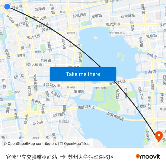 官渎里立交换乘枢纽站 to 苏州大学独墅湖校区 map