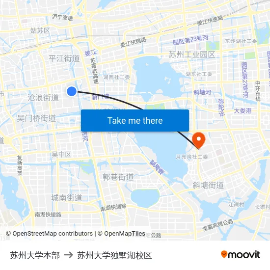 苏州大学本部 to 苏州大学独墅湖校区 map