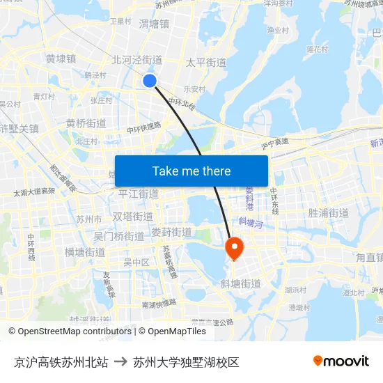 京沪高铁苏州北站 to 苏州大学独墅湖校区 map