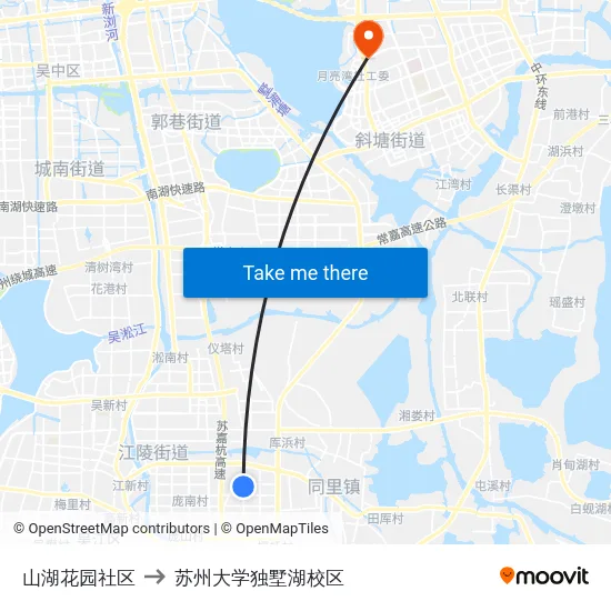 山湖花园社区 to 苏州大学独墅湖校区 map