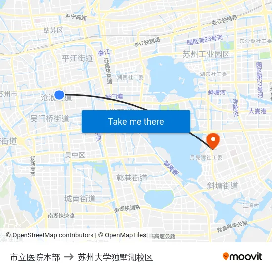 市立医院本部 to 苏州大学独墅湖校区 map