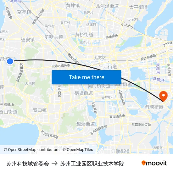 苏州科技城管委会 to 苏州工业园区职业技术学院 map