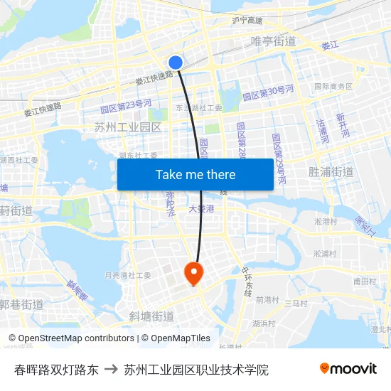春晖路双灯路东 to 苏州工业园区职业技术学院 map
