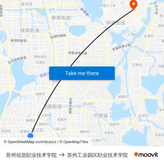 苏州信息职业技术学院 to 苏州工业园区职业技术学院 map
