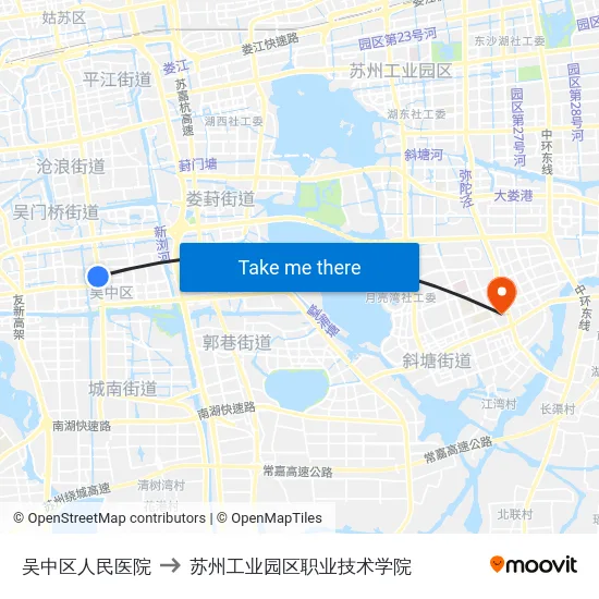 吴中区人民医院 to 苏州工业园区职业技术学院 map