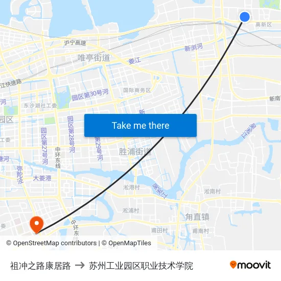 祖冲之路康居路 to 苏州工业园区职业技术学院 map
