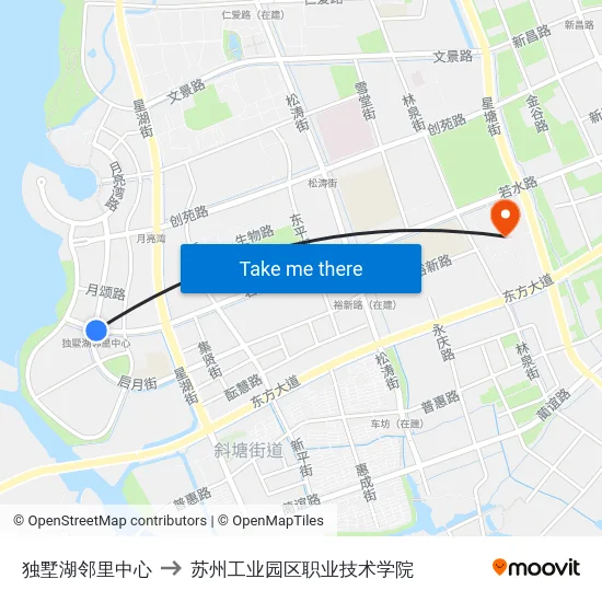 独墅湖邻里中心 to 苏州工业园区职业技术学院 map