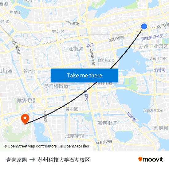 青青家园 to 苏州科技大学石湖校区 map