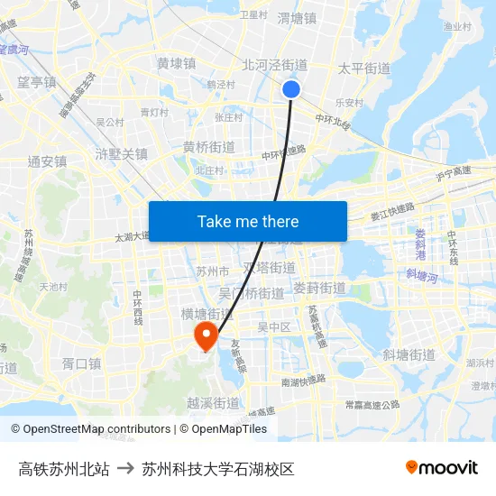 高铁苏州北站 to 苏州科技大学石湖校区 map