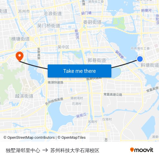 独墅湖邻里中心 to 苏州科技大学石湖校区 map