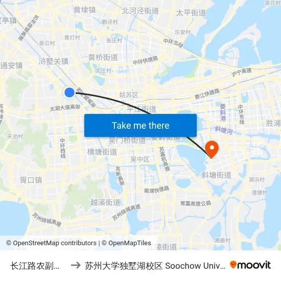 长江路农副产品批发市场 to 苏州大学独墅湖校区 Soochow University Dushu Lake Campus map