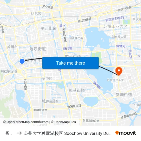 胥江路 to 苏州大学独墅湖校区 Soochow University Dushu Lake Campus map