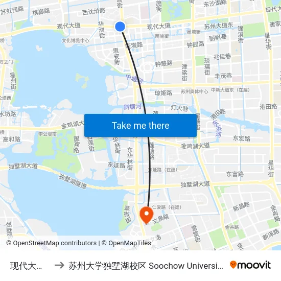 现代大道星湖街 to 苏州大学独墅湖校区 Soochow University Dushu Lake Campus map