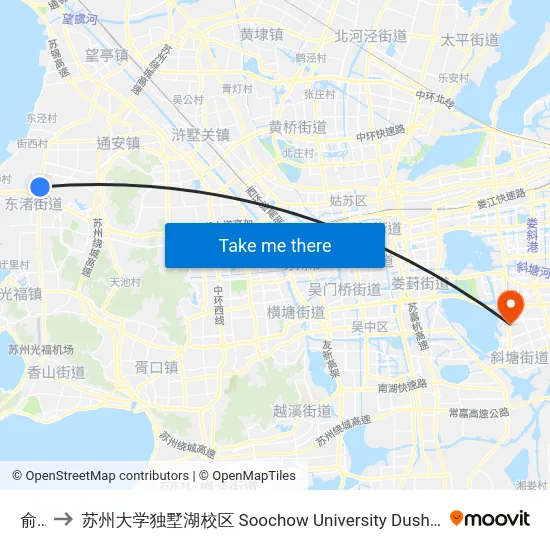 俞巷 to 苏州大学独墅湖校区 Soochow University Dushu Lake Campus map