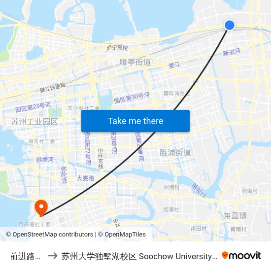 前进路新城路 to 苏州大学独墅湖校区 Soochow University Dushu Lake Campus map