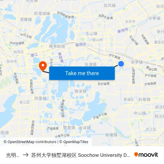 光明新村 to 苏州大学独墅湖校区 Soochow University Dushu Lake Campus map