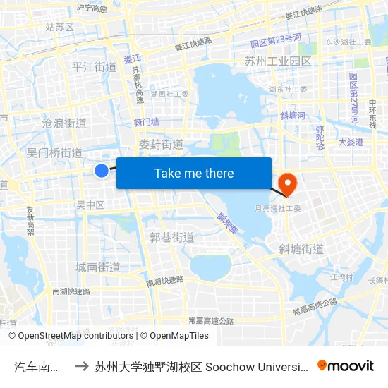 汽车南站客运站 to 苏州大学独墅湖校区 Soochow University Dushu Lake Campus map