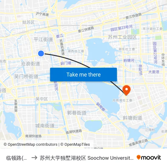 临顿路(观前街) to 苏州大学独墅湖校区 Soochow University Dushu Lake Campus map