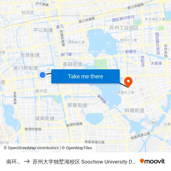南环新村 to 苏州大学独墅湖校区 Soochow University Dushu Lake Campus map