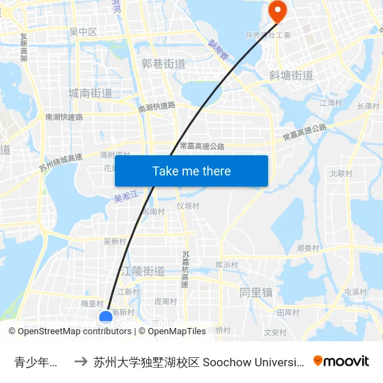 青少年活动中心 to 苏州大学独墅湖校区 Soochow University Dushu Lake Campus map