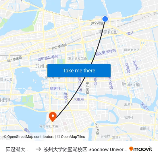 阳澄湖大道夷亭路东 to 苏州大学独墅湖校区 Soochow University Dushu Lake Campus map