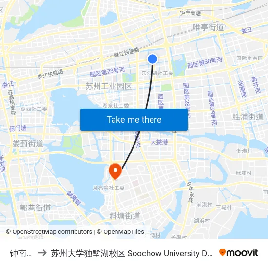 钟南街北 to 苏州大学独墅湖校区 Soochow University Dushu Lake Campus map
