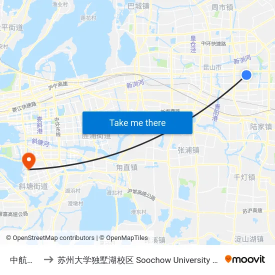 中航城南门 to 苏州大学独墅湖校区 Soochow University Dushu Lake Campus map